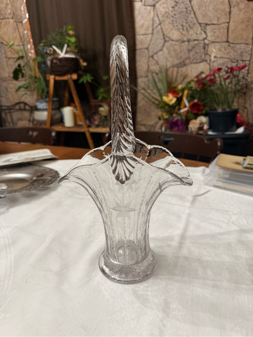Vintage Duncan & Miller Clear Glass Bridal Basket Etched Floral Twisted Handle